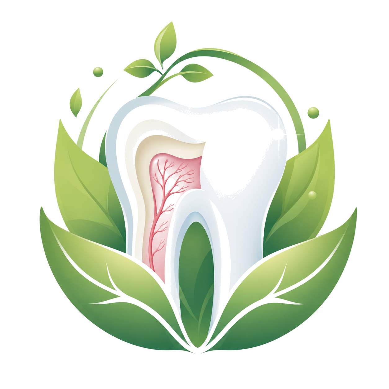 Holistic dentistry emblem featuring a tooth surrounded by green leaves