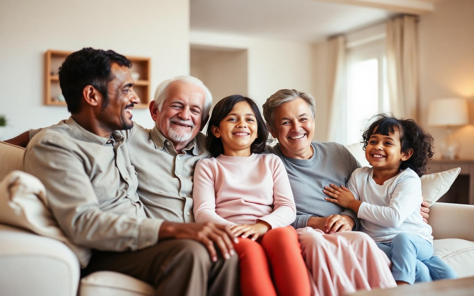 Multi-generational family smiling together on a soft cream couch in a light-filled home.