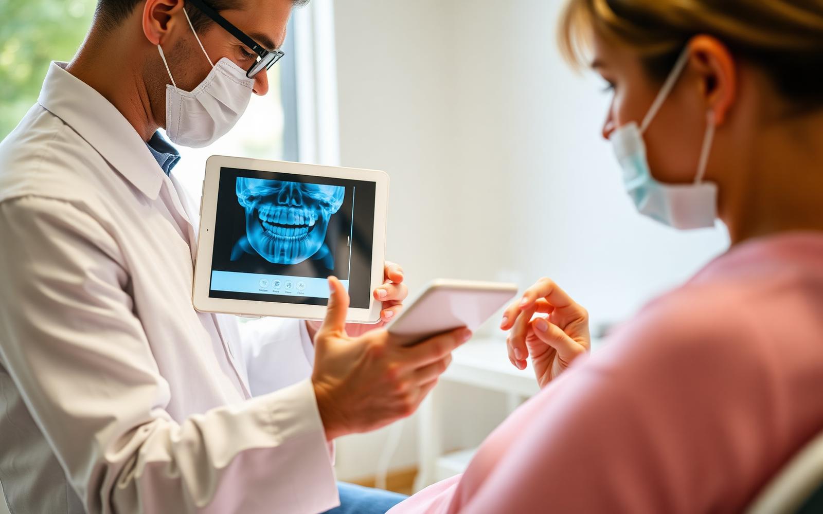 Dentist reviewing a dental x-ray on a tablet with a calm adult patient.